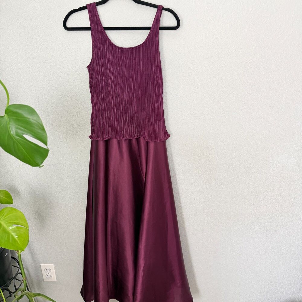 Vintage 90s Cachet Plum Maxi Gown Pleated Bodice Satin A-Line Skirt